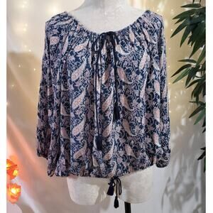 Denim & Supply Ralph Lauren Boho Paisley Tassel Tie Peasant Top Womens Size L